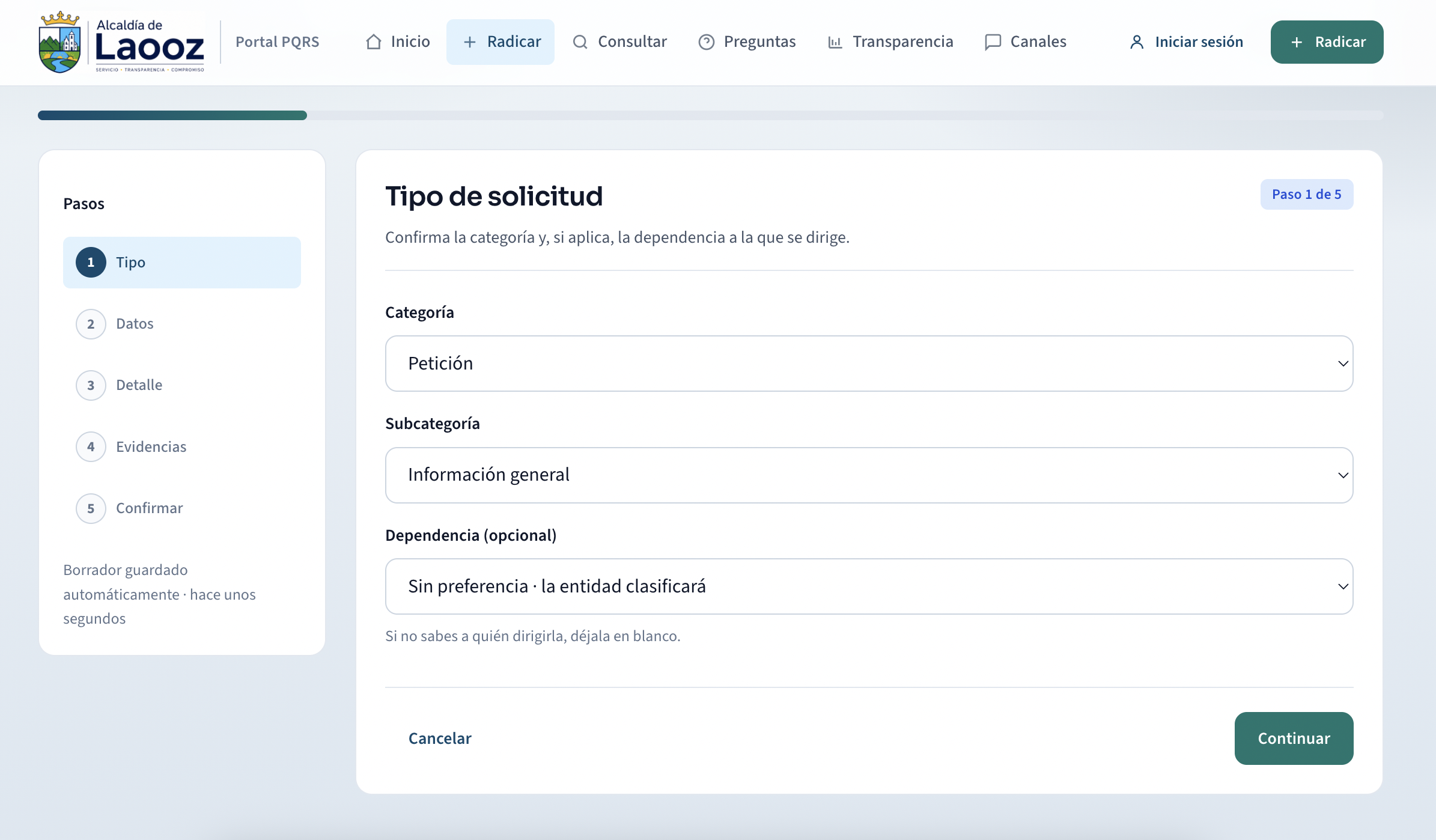 Formulario de radicación